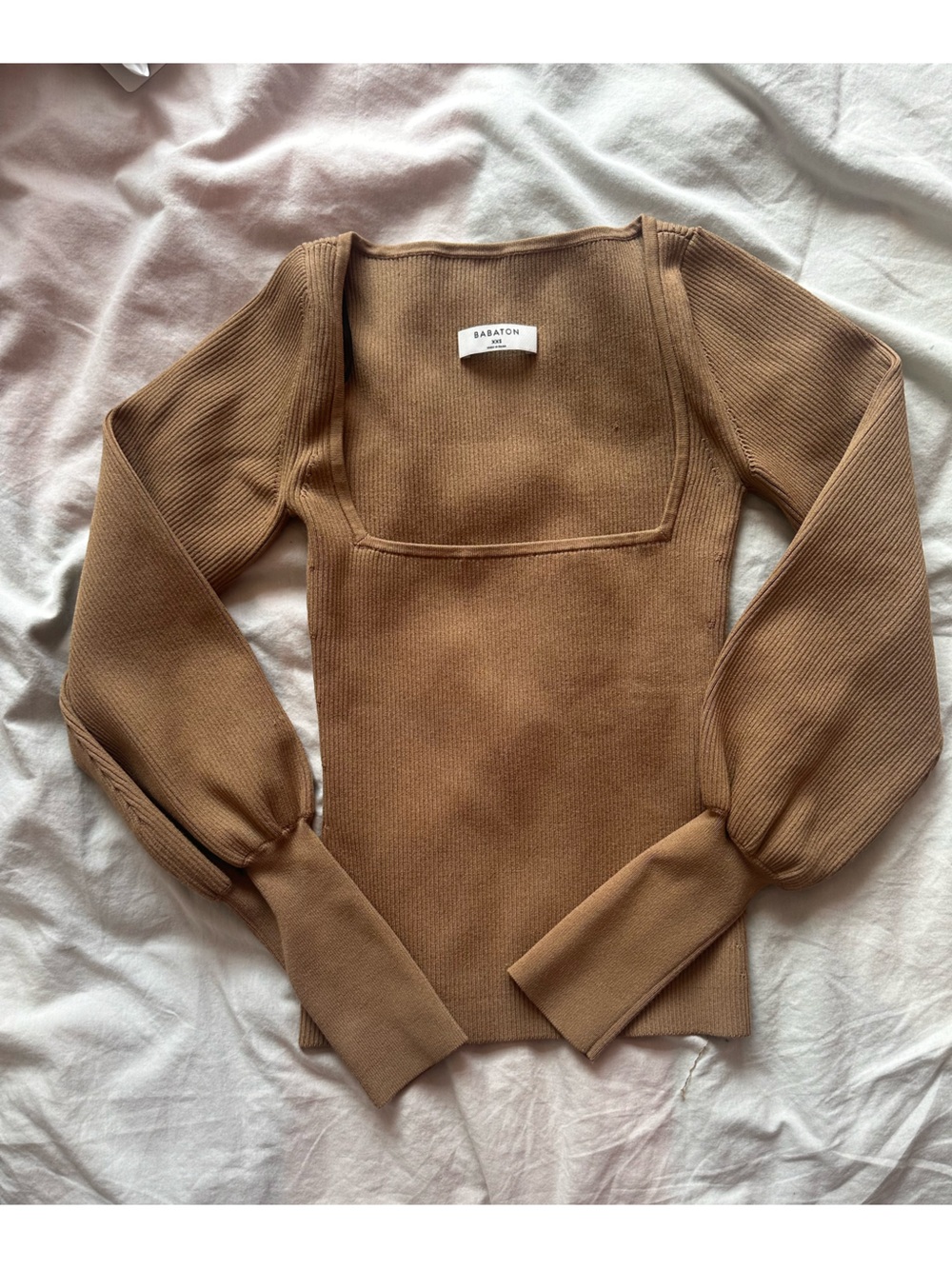 Aritzia Babaton Minimalist Ribbed Square Neck Knit Top Brown XXS - Picture 4 of 14